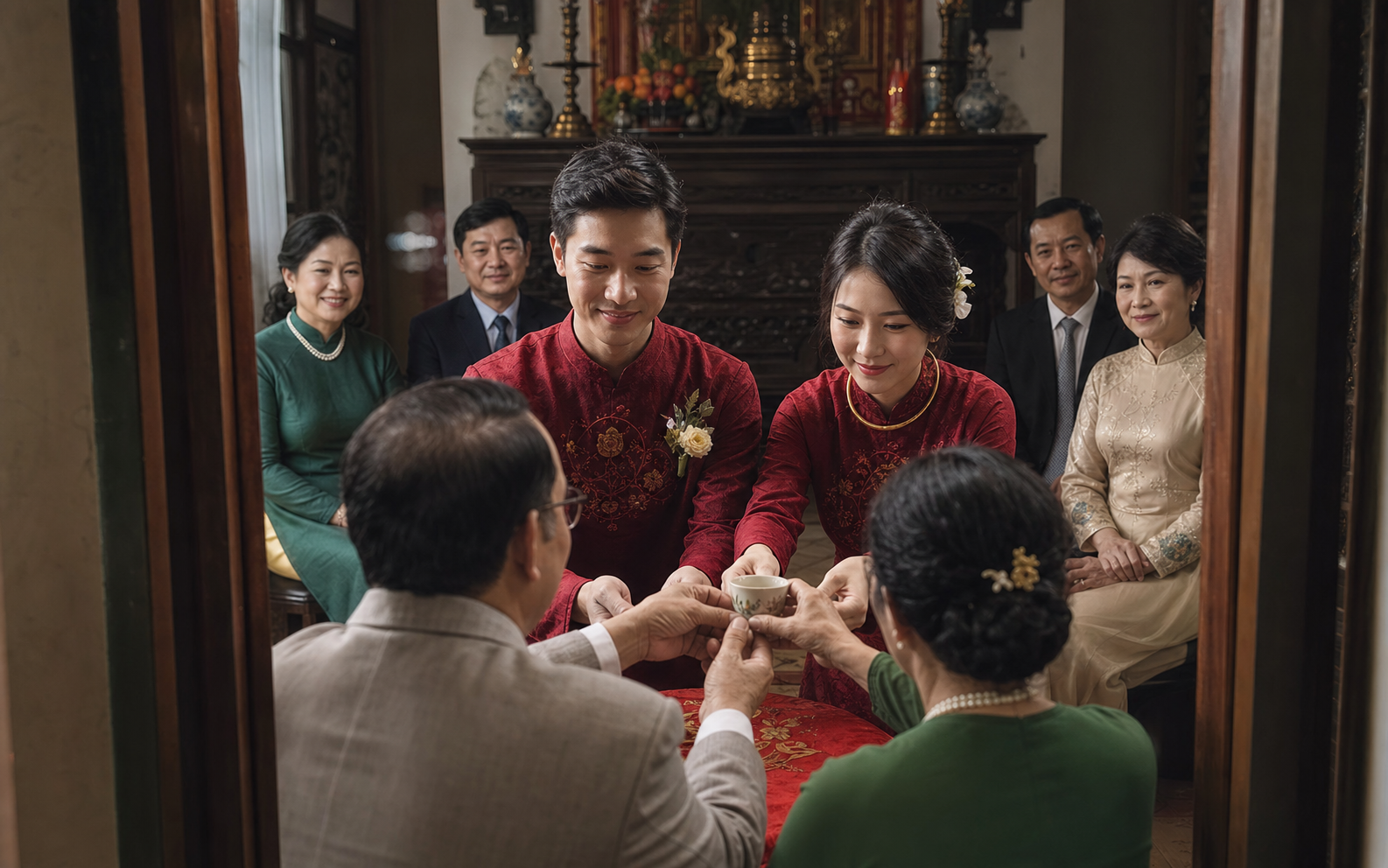 Lễ trà với hai bên gia đình chứng kiến qua một khung cửa