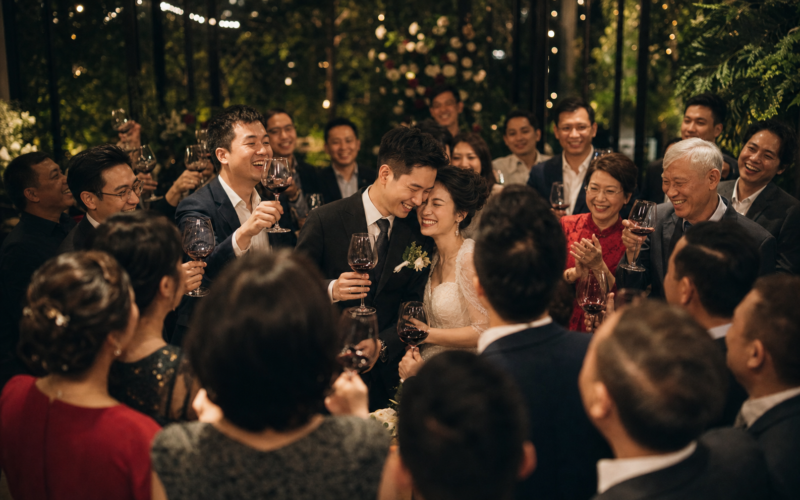 Cả phòng cùng mừng My và Joseph trong tiệc cưới